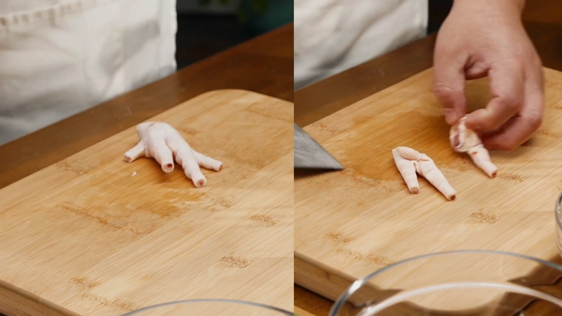 Отрежьте ногти от куриных ножек и разрежьте их пополам от середины.